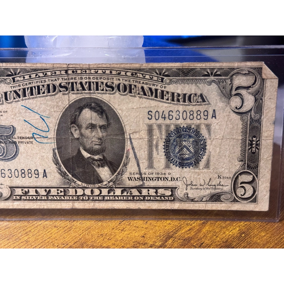 $5.00 Silver Certificate Blue note K 1934 D - Picture 5 of 9